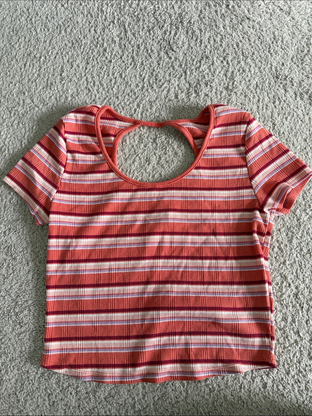 SO Coral, White and Pink Striped Ribbed Short Sleeve Top